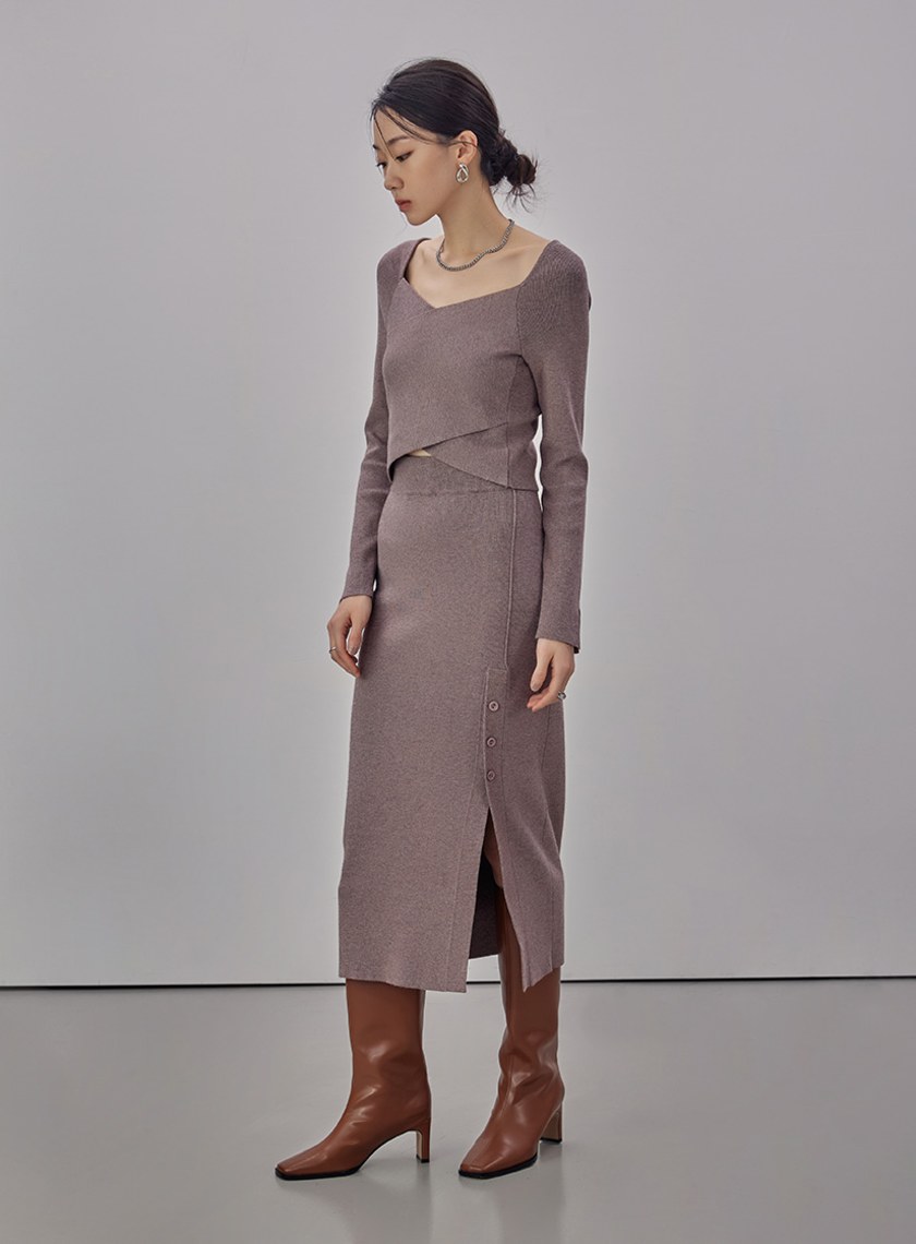 坑條合身針織開衩直筒裙